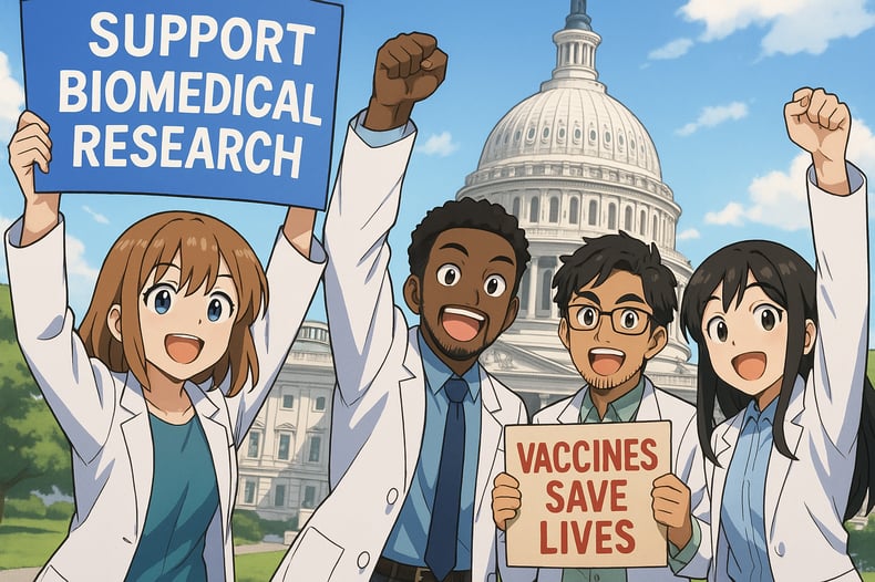 biomedical research and vaccine science advocacy efforts in washington DC enthusiastic and not angry include white black indian and asian-1