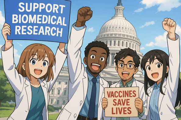 biomedical research and vaccine science advocacy efforts in washington DC enthusiastic and not angry include white black indian and asian-1