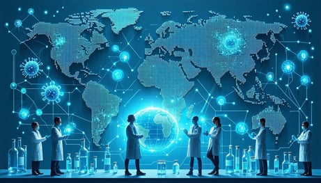 infectious diseases and global health around the world with globe or world map including tuberculosis viruses vaccines and antibiotics and research scientists