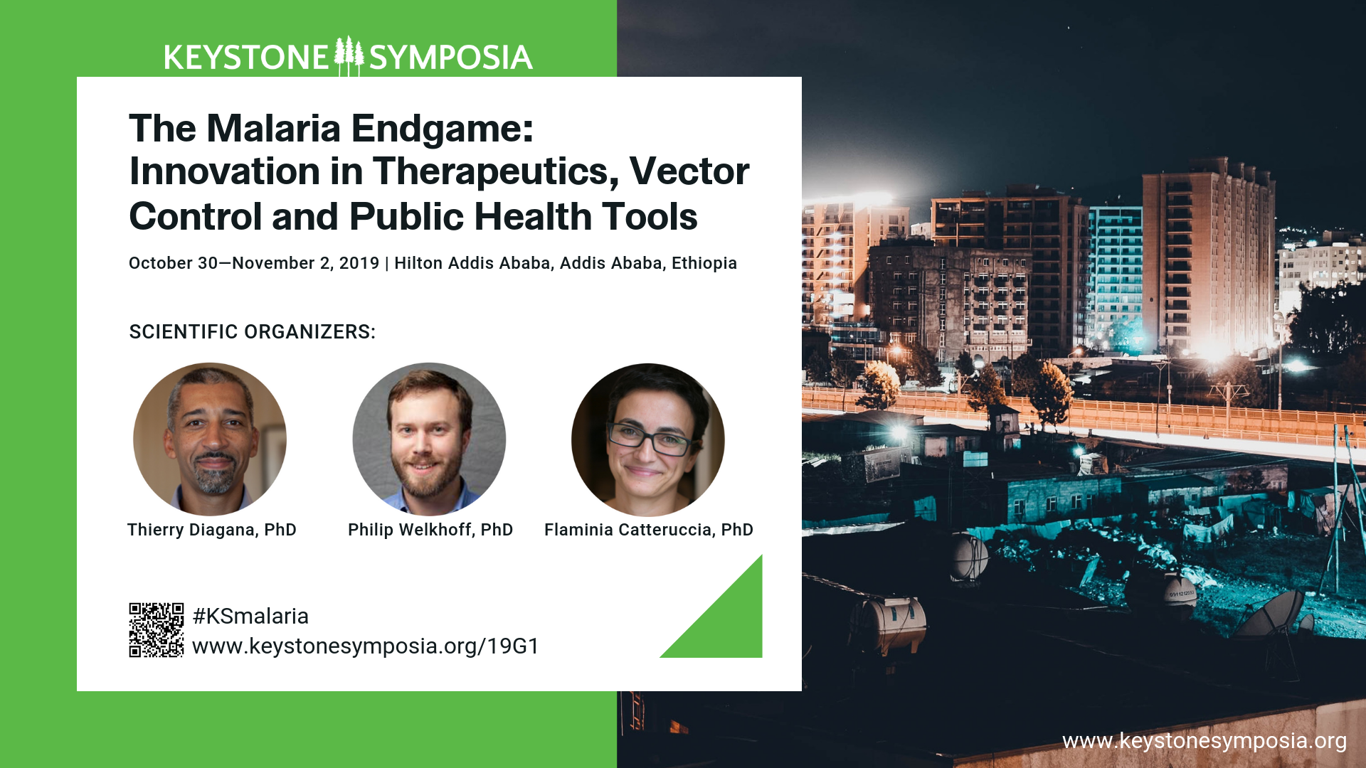 Meeting slide with organizers: The Malaria Endgame: Innovation in Therapeutics, Vector Control and Public Health Tools