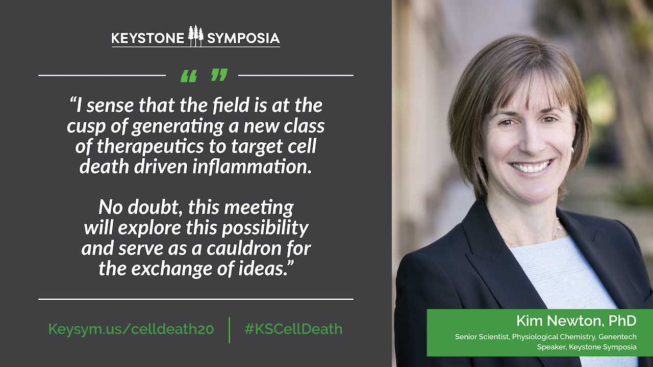 Kim Newton quote: I sense that the field is at the cusp of generating a new class of therapeutics to target cell death driven inflammation. No doubt, this meeting will explore this possibility and serve as a cauldron for the exchange of ideas.