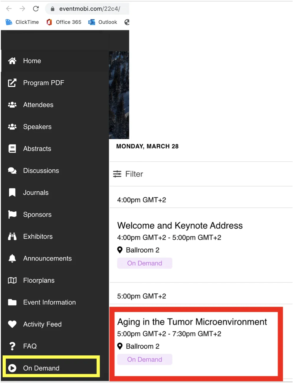 EventMobi menu with the On Demand tab highlighted